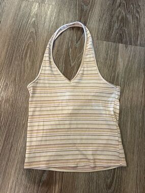 Striped Ribbed Halter Tank Top - Yellow Pink
